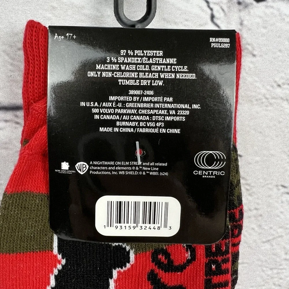 Freddy Krueger‎ A Nightmare On Elm Street Crew Socks Shoe Sizes 6-12 NEW Stripe